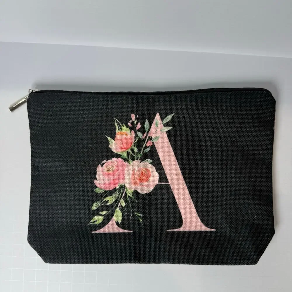 Monogram Letter A Makeup Zipper Pouch Black Canvas Cosmetic Bag NEW